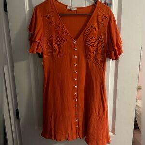 Orange mini dress details ruffle sleeves button down c&v dress slight v neck